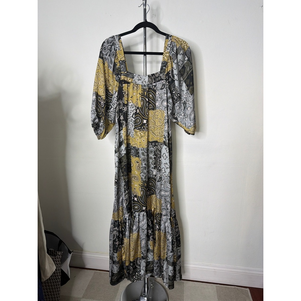 Bululu Resort Wear Patchwork Paisley Maxi Dress Mustard Grey One Size Boho Puff